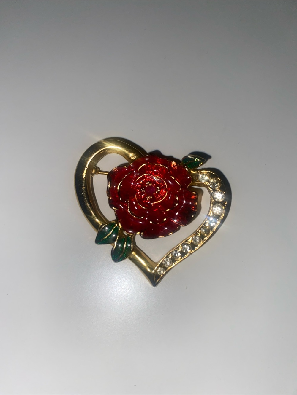 Gold Heart Rose Brooch with Red Enamel and Clear Crystals